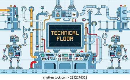 Technical room with control panels pipes and screen. Steampunk Technological industrial complex. Vector illustration.