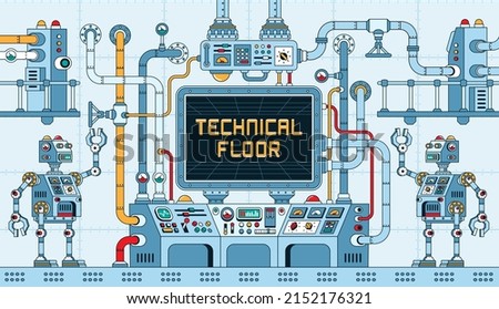 Technical room with control panels pipes and screen. Steampunk Technological industrial complex. Vector illustration.