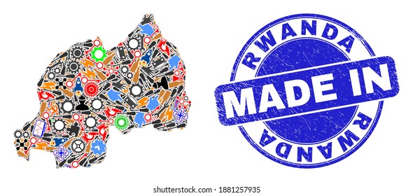 Technical Rwanda map mosaic and MADE IN distress rubber stamp. Rwanda map composition formed with wrenches,wheels,screwdrivers,elements,transports,electricity sparks,rockets.