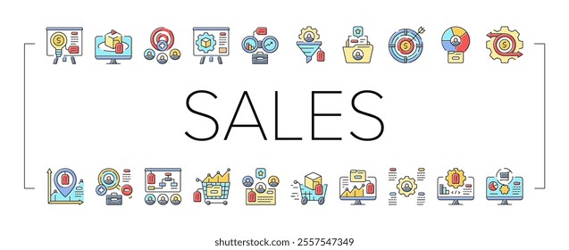 technical sales engineer service icons set vector. data business, finance tech, enterprise repair, gear financial, analysis maintenance technical sales engineer service color line illustrations