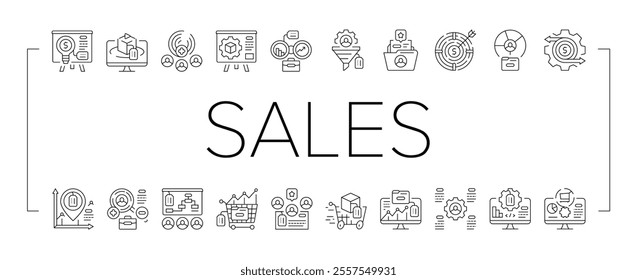 technical sales engineer service icons set vector. data business, finance tech, enterprise repair, gear financial, analysis maintenance technical sales engineer service black contour illustrations