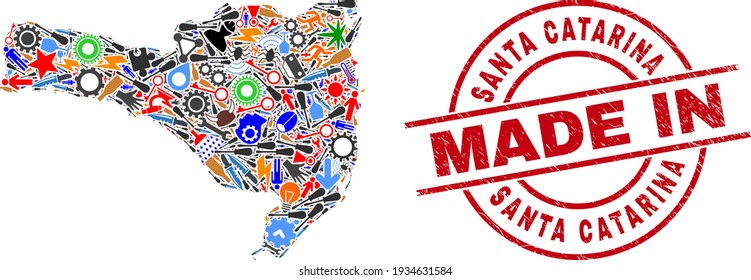 Technical Santa Catarina State map mosaic and MADE IN scratched watermark. Santa Catarina State map mosaic formed with spanners, cogs, tools, components, vehicles, electricity sparks, details.