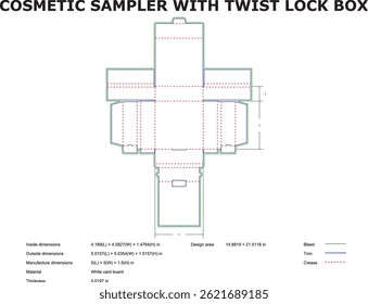 Technical schematic of a cosmetic sampler box with twist lock mechanism for packaging mockup and design purposes