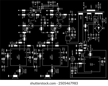 Diagrama esquemático técnico del dispositivo electrónico analógico.
Vector eléctrico con estabilizador de voltaje,
condensador, resistencia, diodo, circuito integrado, lámpara, 
altavoz, otros componentes.