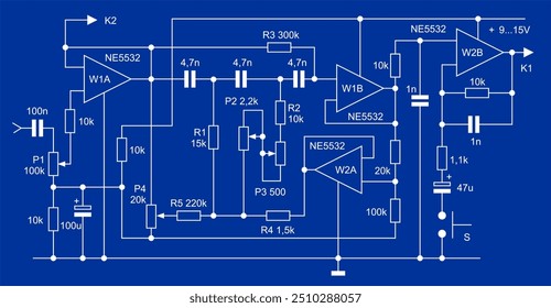 Diagrama esquemático técnico do dispositivo eletrônico analógico.
Circuito elétrico de desenho vetorial com amplificador operacional
condensador, resistor, chave, outros componentes.