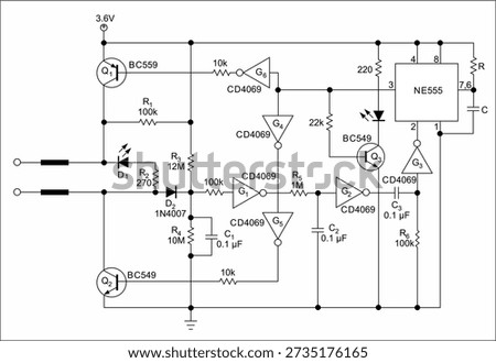 Technical schematic diagram of analog electronic device. Vector drawing electrical circuit with 
logic element, transistor, led indicator, timer,
capacitor, resistor, diode, integrated circuit, other components.