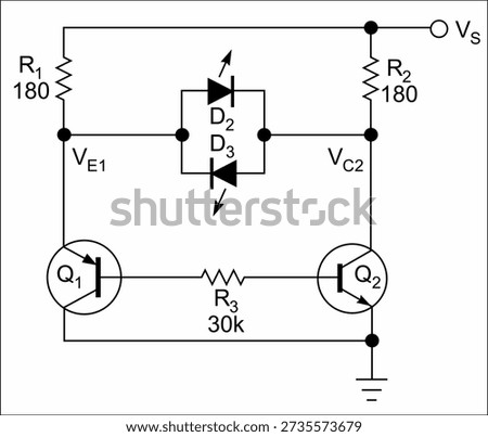 Technical schematic diagram of analog electronic device. Vector drawing electrical circuit with 
transistor, resistor, led indicator, 
constant voltage source, other components.
