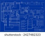 Technical schematic diagram of digital electronic device.
Vector drawing electrical circuit with 
led, capacitor, resistor,
indicator, logic element, integrated circuit, switch,
transformer, diode.