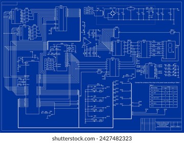 Technical schematic diagram of digital electronic device.
Vector drawing electrical circuit with 
led, capacitor, resistor,
indicator, logic element, integrated circuit, switch,
transformer, diode.