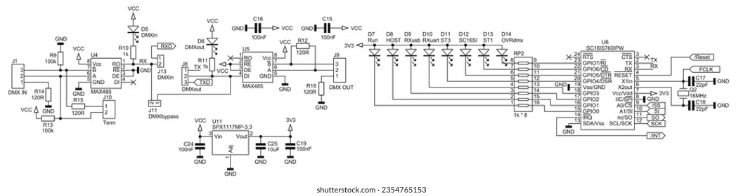 Diagrama esquemático técnico del dispositivo electrónico.
Circuito eléctrico de dibujo vectorial con plomo, resistencia, condensador,
puertas lógicas, circuito integrado
y componentes electrónicos.