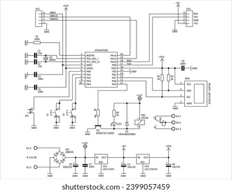 Technical schematic diagram of electronic device. Vector drawing electrical circuit with 
power supply unit, button, controller, 
lcd display, led, integrated circuit, capacitor, resistor, relay.