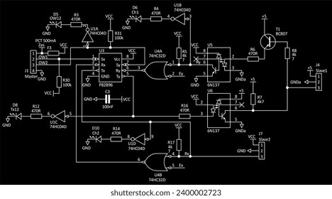 Technical schematic diagram of electronic device. Vector drawing electrical circuit with controller, 
led, integrated circuit, capacitor, resistor,
transistor, logic gate, other electronic components.