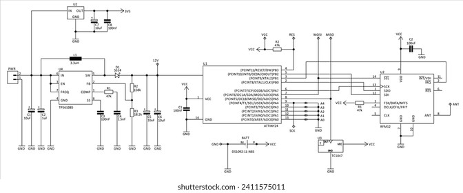 Technical schematic diagram of electronic device.
Vector drawing electrical circuit with 
micro controller, integrated circuit, capacitor, resistor,
connector, other electronic components.