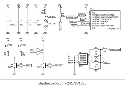 Technical schematic diagram of electronic device. Vector drawing electrical circuit with 
integrated circuit, capacitor, resistor,
controller, led, transistor, other electronic components.