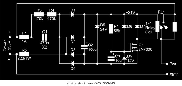 Technical schematic diagram of electronic device.
Vector drawing electrical circuit with resistor,
diode, relay coil, fuse, zener, capacitor,
other electronic components.