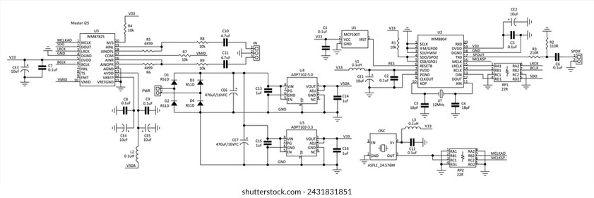 Technical schematic diagram of electronic device. Vector drawing electrical circuit with controller, 
integrated circuit, capacitor, resistor, coil, diode, other components.