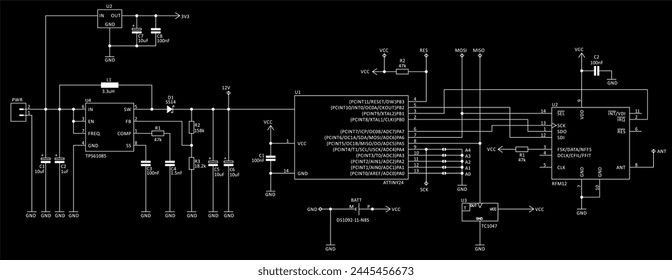 Esquema técnico del dispositivo electrónico.
Circuito eléctrico de trazado de Vectores con 
micro controlador, circuito integrado, condensador, resistencia,
otros componentes electrónicos.