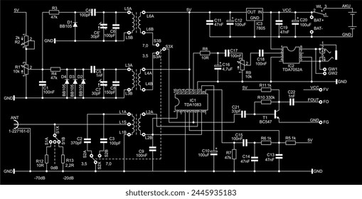 Technical schematic diagram of electronic device.
Vector drawing electrical circuit with 
coil, capacitor, resistor, integrated circuit,
diode, transistor, antenna, other electronic components.