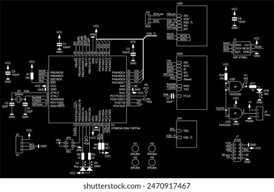 
Technical schematic diagram of electronic device.
Vector drawing electrical circuit with button, micro controller, usb, 
logic gates, integrated circuit
and electronic components.