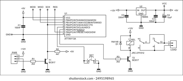 Technical schematic diagram of electronic device. Vector drawing electrical circuit with 
controller, led, integrated circuit, capacitor, resistor,
transistor, relay, diode, other electronic component