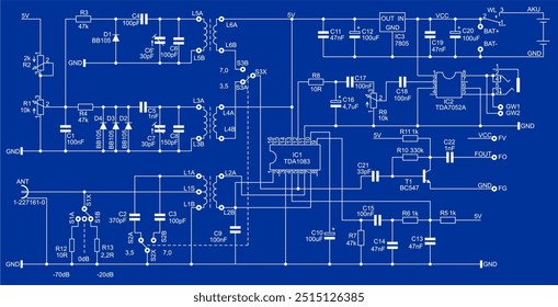 Diagrama esquemático técnico do dispositivo eletrônico. Circuito elétrico de desenho vetorial com 
bobina, condensador, resistor, circuito integrado,
díodo, transístor, antena, outros componentes eletrônicos