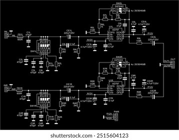 Technical schematic diagram of electronic device.
Vector drawing electrical circuit with 
switch, integrated circuit, capacitor, resistor,
other electronic components.