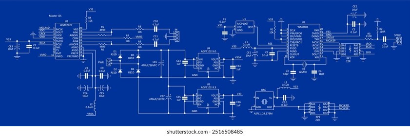 Diagrama esquemático técnico do dispositivo eletrônico. Circuito elétrico de desenho vetorial com controlador 
circuito integrado, condensador, resistor, bobina, díodo,
outros componentes.