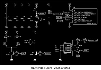 Technical schematic diagram of electronic device.
Vector drawing electrical circuit with 
integrated circuit, capacitor, resistor,
controller, led, transistor, other electronic components.