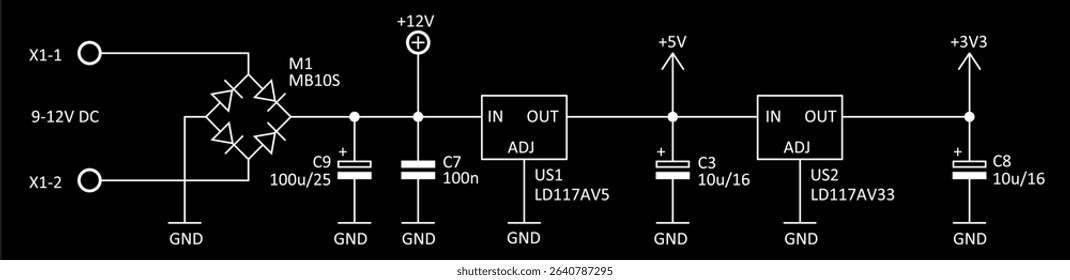 Technical schematic diagram of electronic device
- power supply unit. Vector drawing electrical circuit with 
 integrated circuit, capacitor, resistor, diode, 
voltage stabilizer, other components.