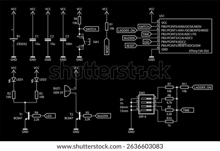 Technical schematic diagram of electronic device.
Vector drawing electrical circuit with 
integrated circuit, capacitor, resistor,
controller, led, transistor, other electronic components.