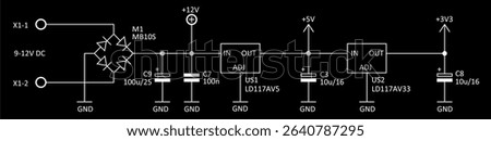 Technical schematic diagram of electronic device
- power supply unit. Vector drawing electrical circuit with 
 integrated circuit, capacitor, resistor, diode, 
voltage stabilizer, other components.
