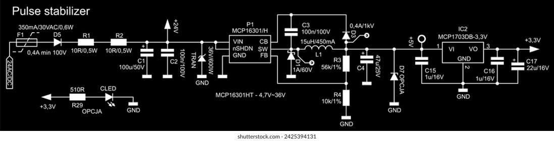 Technical schematic diagram of pulse stabilizer electronic device. Vector drawing electrical circuit with coil, capacitor, resistor, integrated circuit, diode, led, other electronic components.