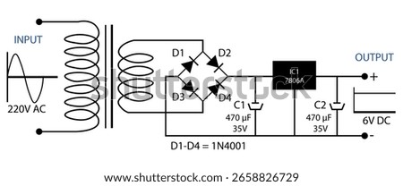 A technical schematic illustrating the workings of a 220V AC to 6V DC power supply circuit, featuring transformer, diodes, capacitors, and voltage regulator components.