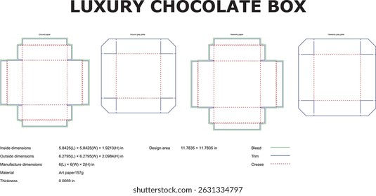 Technical schematic of a luxury chocolate box packaging template showing design area dimensions bleed and trim lines with measurements