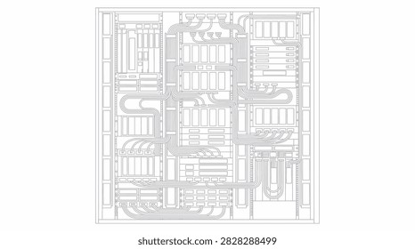 Technical schematic of a quantum computing electronics control rack system. Vector illustration.