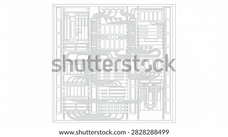 Technical schematic of a quantum computing electronics control rack system. Vector illustration.
