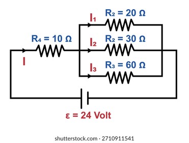 Esquema técnico que mostra uma bateria alimentando uma rede de resistores. O circuito inclui um ramo paralelo com três resistores e um resistor de série, ilustrando o fluxo de corrente, tensão e conceitos eletrônicos básicos.