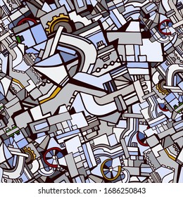 Technical seamless pattern with sketch elements. Vector background with decorative industrial or machine elements. Hand drawn.