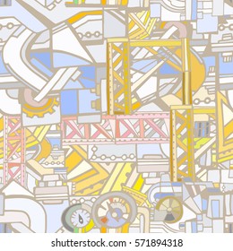 Technical seamless pattern with sketch elements. Vector background with decorative industrial or machine elements. Hand drawn.