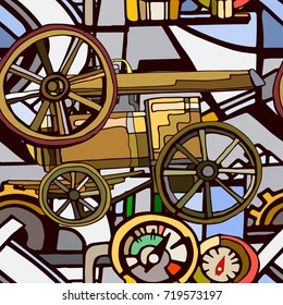 Technical seamless pattern with sketch elements. Vector background with decorative industrial or machine elements. Hand drawn.