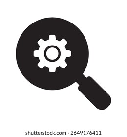 Technical search icon with magnifying glass over gear for finding solutions and engineering data system configuration and settings analysis vector solid glyph icon