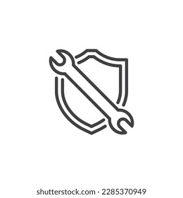 Technical security line icon. linear style sign for mobile concept and web design. Shield and wrench outline vector icon. Symbol, logo illustration. Vector graphics