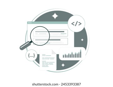 Technisches SEO - Audit, Code-Optimierung, Verbesserung der Ranking-Faktoren mit On-Page und Off-Page SEO. Website, mobile Optimierung, strukturierte Daten und Analysen. Vektorillustration mit Symbolen