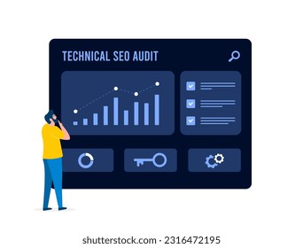 Technical SEO Audit concept. Improve website speed, seo rankings, user experience. Optimize on-page elements, site structure, crawlability and indexation issues. Boost visibility, mobile-friendliness