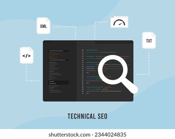 Concepto de auditoría técnica de SEO. Estrategia del motor de búsqueda con optimización técnica de SEO en la página. Desarrollo de sitios web con estructura seo-friendly, mejora de la velocidad del sitio web, uso de sitemap, otros factores seo