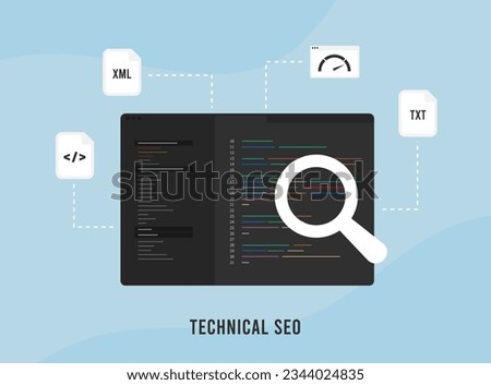 Technical SEO Audit concept. Search engine strategy with on-page technical SEO optimization. Website development with seo-friendly site structure, website speed, use sitemap, technical seo factors