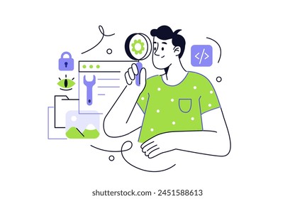 Technical seo concept. Character optimizing website infrastructure and code to improve search engine ranking and user experience. Vector illustration 