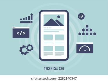 Technical SEO concept. Improve websites search engine ranking with technical on-page SEO optimization. Create seo-friendly site structure, use sitemap, improve website speed and mobile-friendly design