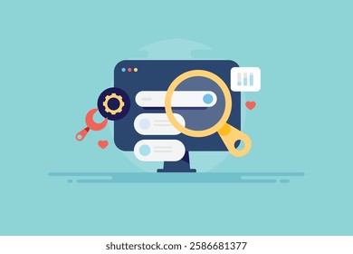 Technical SEO concept, Website optimization for search engine crawling, loading speed, Website bug fix, resolving technical issue - vector illustration background with icons