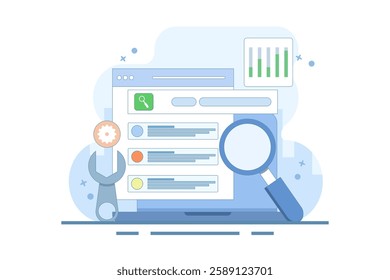 Technical SEO concept, Website optimization for search engines, loading speed, website analysis, Website bug fixes, technical problem solving. Vector illustration background with icons.